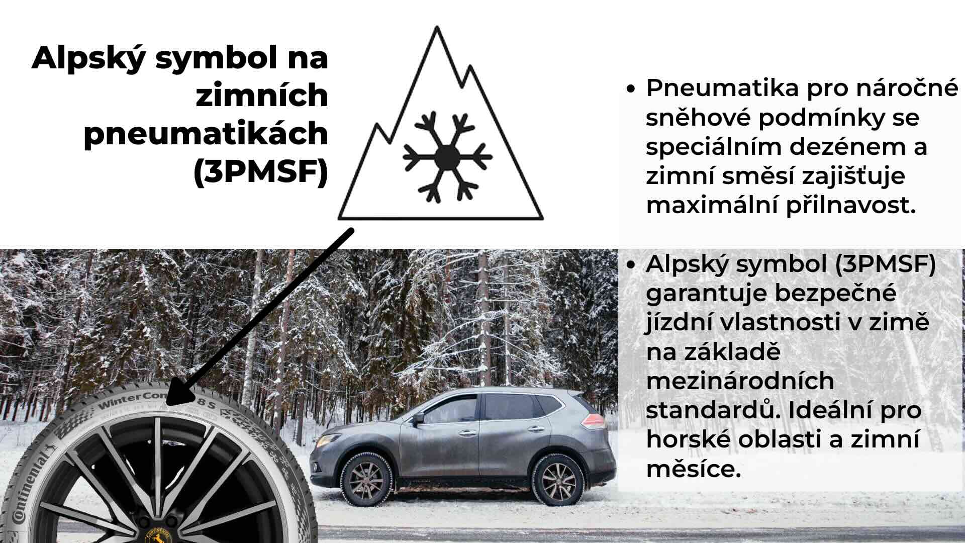 Zimní pneumatiky nesou označení M+S (Mud and Snow), případně přísnější a oficiálně uznávaný symbol 3PMSF (Three Peak Mountain Snowflake)