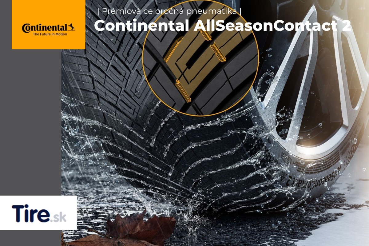 Detail dezénu celoročnej pneumatiky Continental AllSeasonContact 2 pri jazde na mokrej vozovke, zvýraznená štruktúra drážok pre odvod vody a stabilitu.