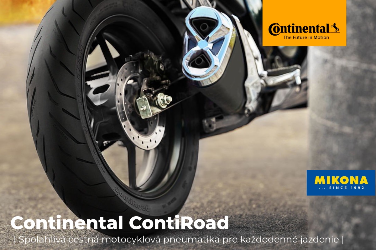 Motocyklová pneumatika Continental ContiRoad na zadnom kolese motocykla s logom Continental a Mikona.sk.