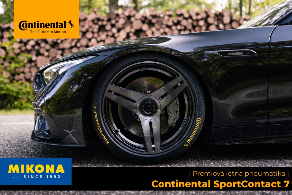 Športové vozidlo s pneumatikou Continental SportContact 7 Detail športového vozidla s pneumatikou Continental SportContact 7, zameraný na výkon, priľnavosť a prémiový charakter letnej pneumatiky