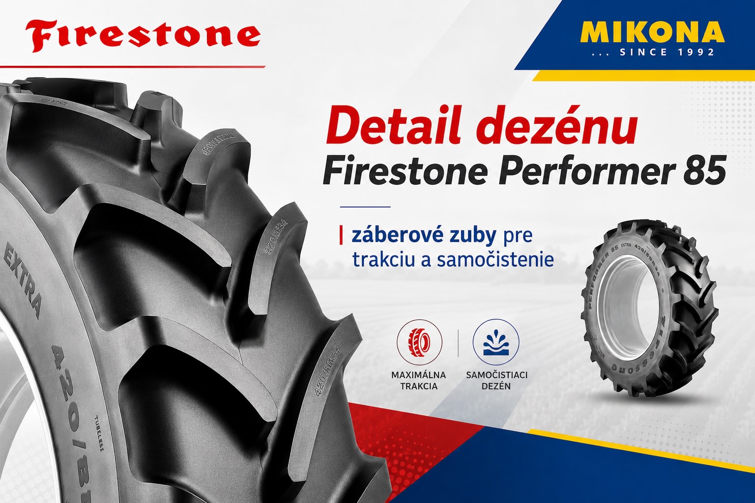 Placeholder obrázok – detail dezénu Firestone Performer 85 so záberovými zubmi pre trakciu a samočistenie