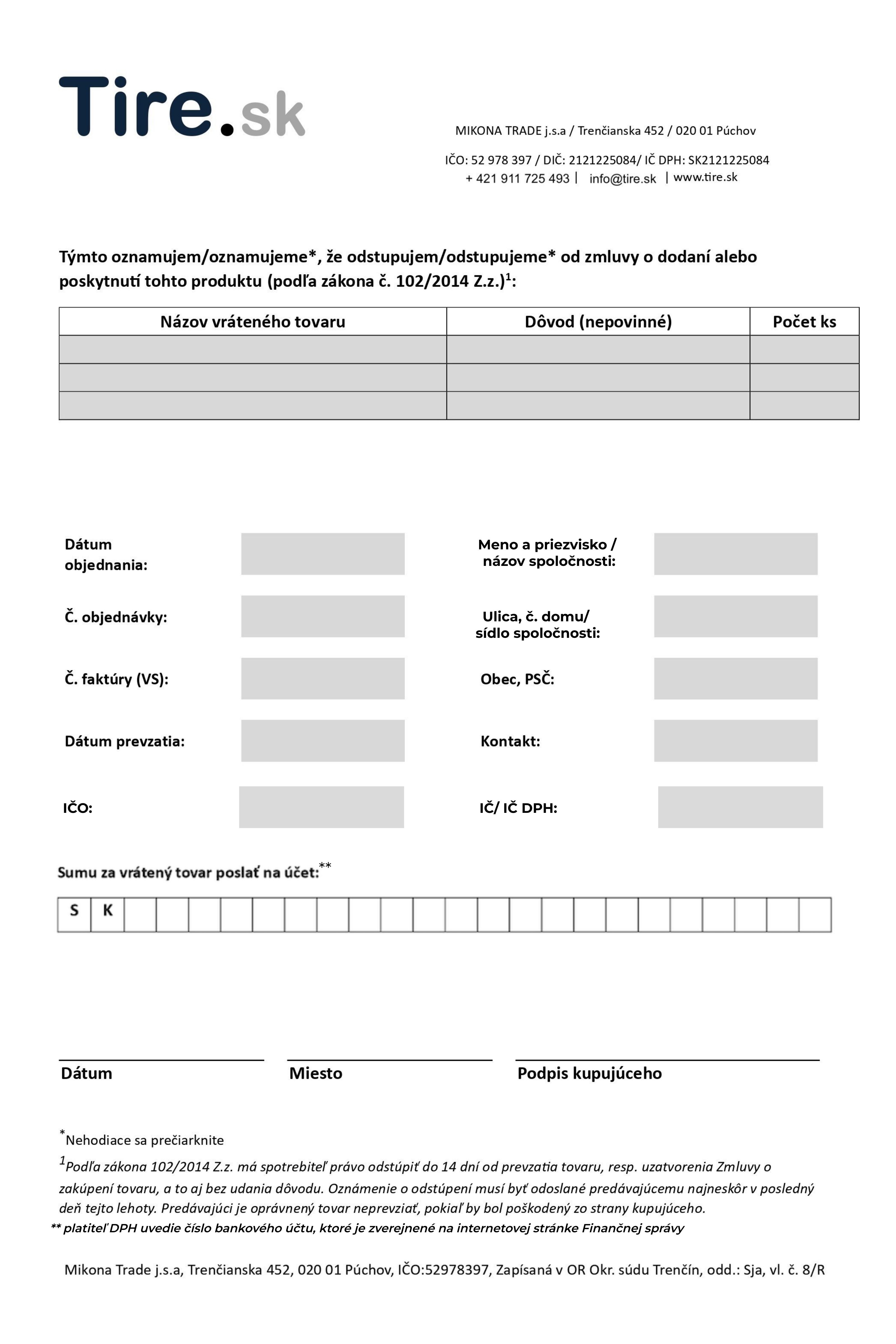 Formulár na odstúpenie od zmluvy