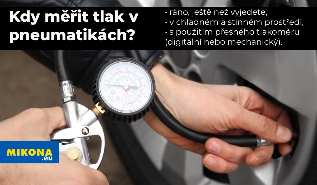 Kdy měřit tlak v pneumatikách? Kdy měřit tlak v pneumatikách? Tlak v pneumatikách se má vždy měřit tzv. „za studena“, což znamená před jízdou nebo alespoň 2 hodiny po jízdě, kdy pneumatiky stihnou vychladnout.