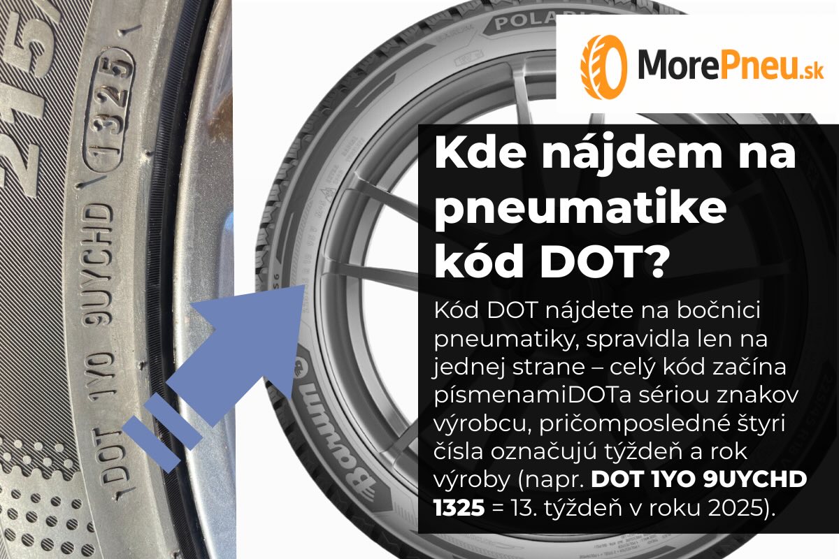 Kód DOT na bočnici pneumatiky Kód DOT na bočnici pneumatiky – príklad označenia DOT 1YO 9UYCHD 1325, kde posledné štyri čísla (1325) označujú 13. týždeň roku 2025
