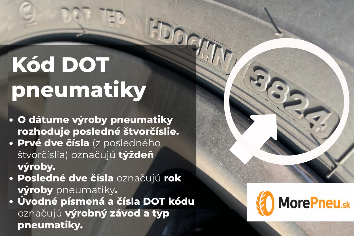 Kód DOT na bočnici pneumatiky Kód DOT na bočnici pneumatiky – príklad označenia týždňa a roku výroby