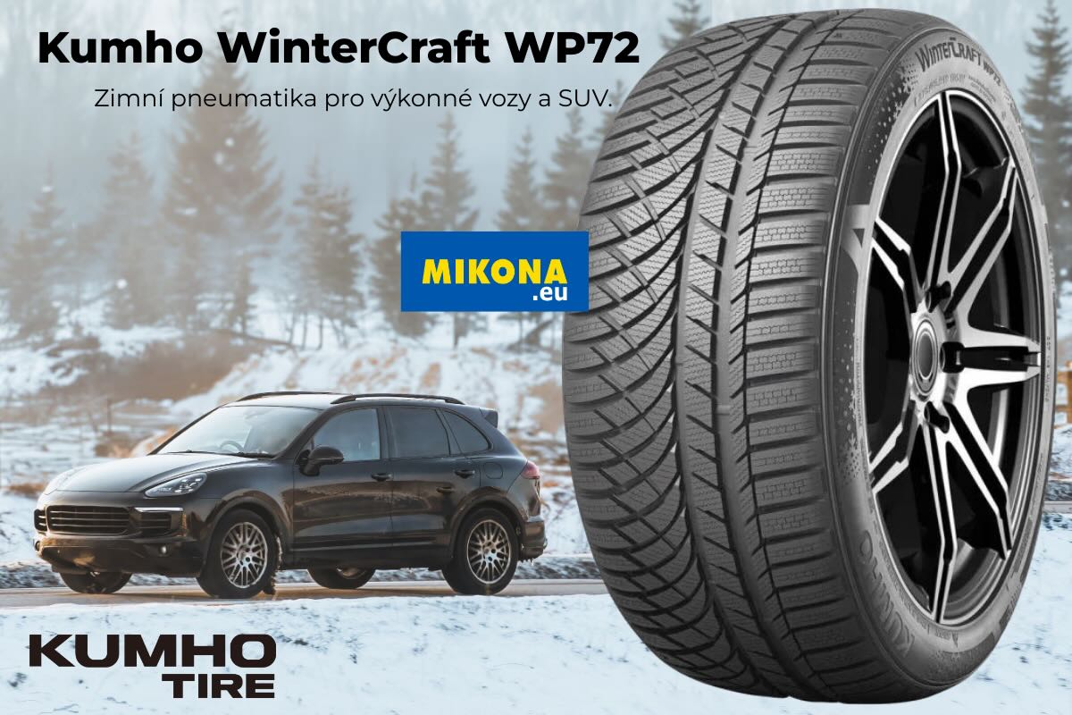 Zimní pneumatika Kumho WinterCraft WP72 na SUV, detail dezénu na zasněžené silnici, symbolizující výkon, stabilitu a jistotu v zimních podmínkách.