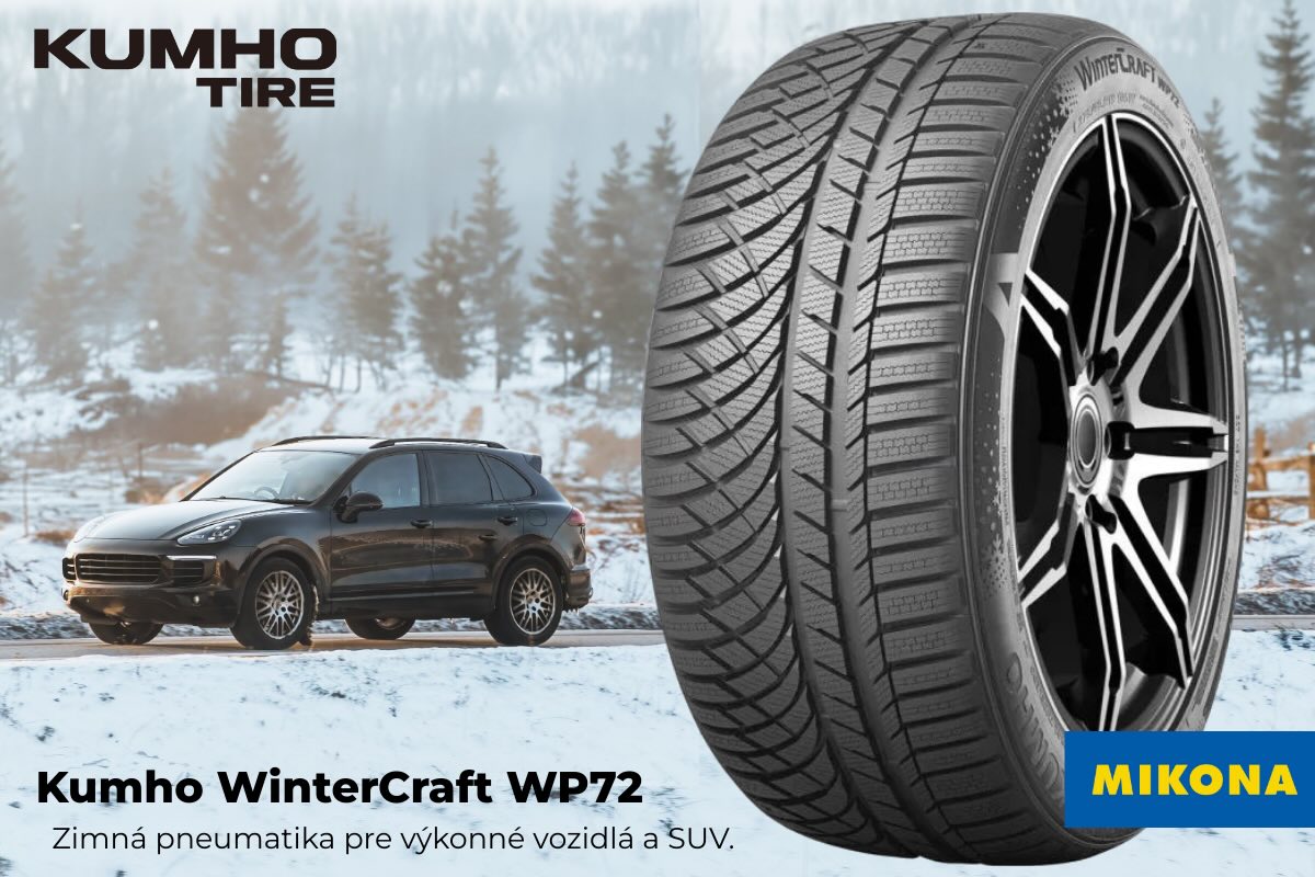 Dezén pneumatiky Kumho WinterCraft WP72 SUV na zasneženej ceste so zväčšeným detailom dezénu pneumatiky Kumho WinterCraft WP72, znázorňujúcim priľnavosť, výkon a istotu v zimných podmienkach.