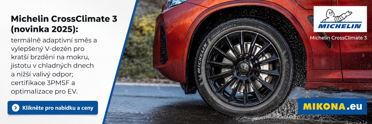 Michelin CrossClimate 3 (novinka 2025): termálně adaptivní směs a vylepšený V-dezén pro kratší brzdění na mokru a nižší valivý odpor; certifikace 3PMSF.