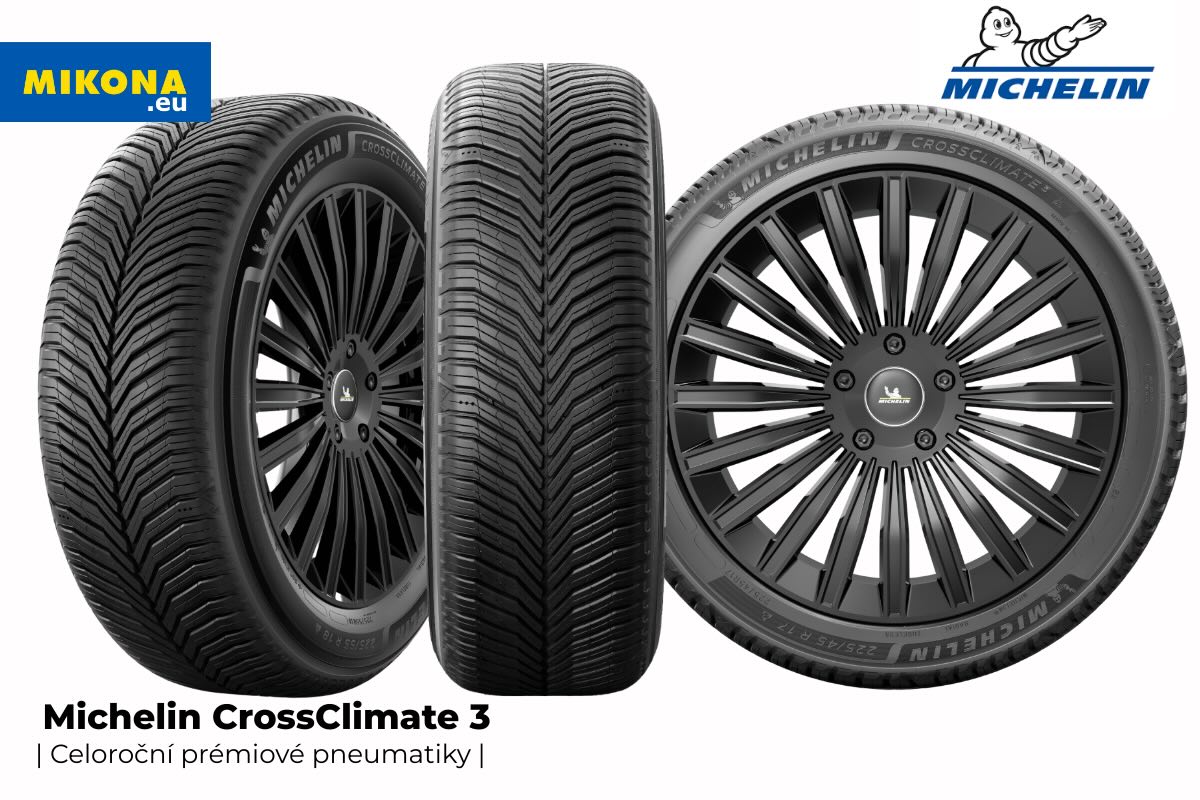 Detail dezénu pneumatiky Michelin CrossClimate 3 – směrový vzor s lamelami pro celoroční použití