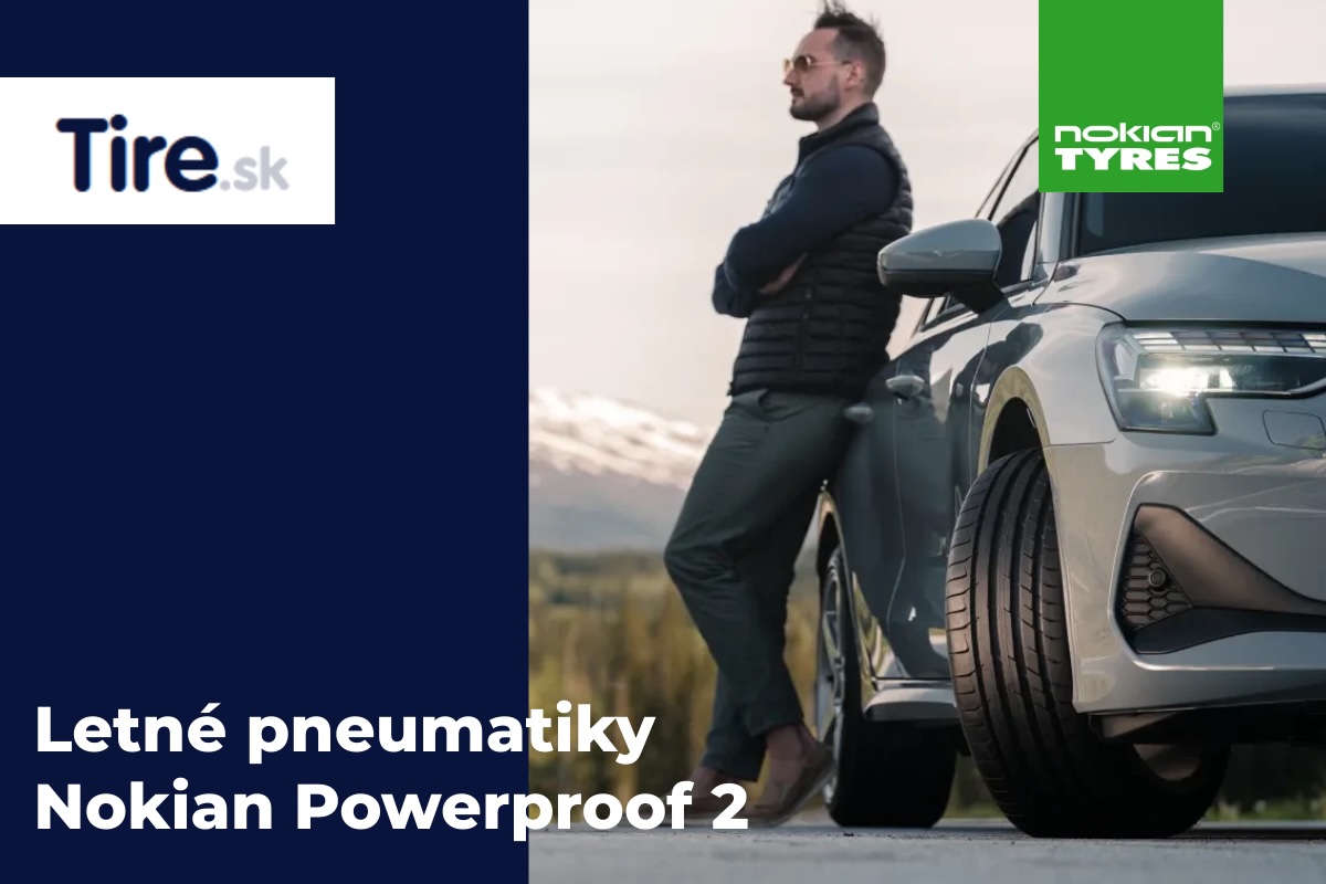 Letné pneumatiky Nokian Powerproof 2 na aute, vodič stojí pri vozidle na ceste, výkonný dezén pre bezpečnú jazdu na suchej aj mokrej vozovke