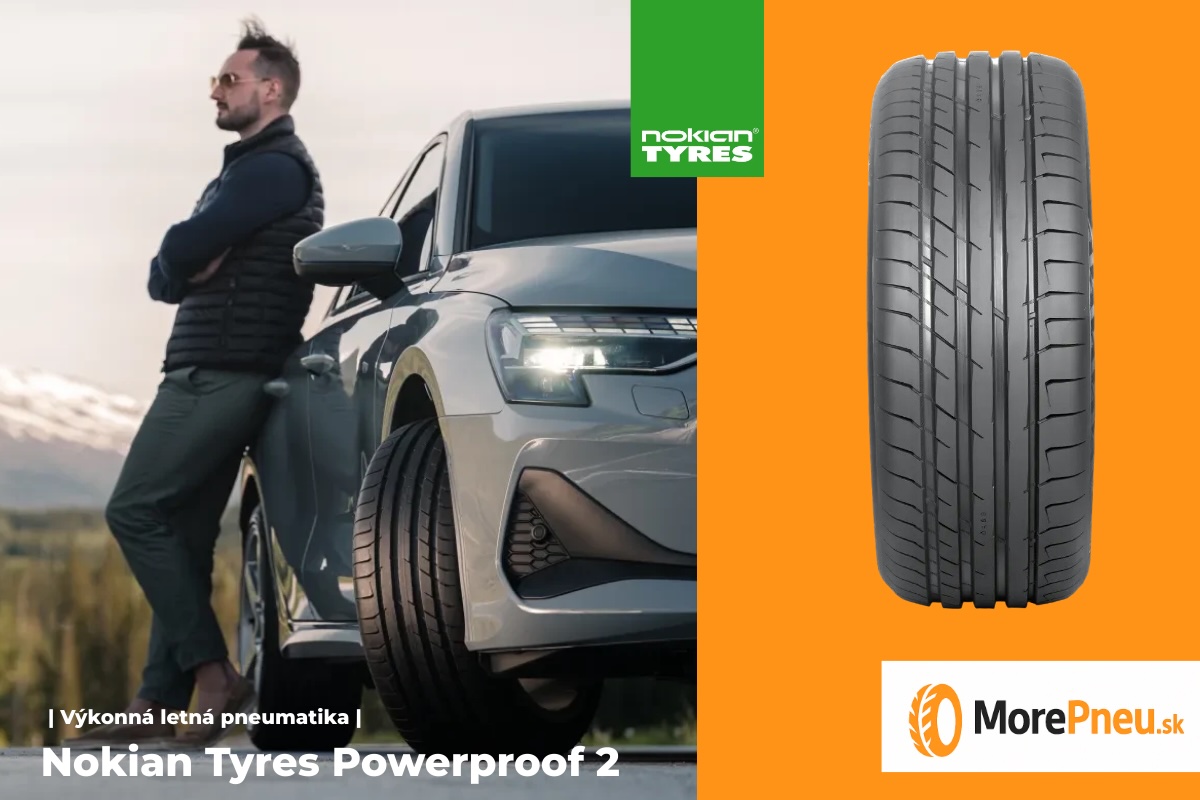 Muž pri vozidle s letnými pneumatikami Nokian Tyres Powerproof 2 - dezén s dôrazom na výkon, stabilitu a presné riadenie na suchej aj mokrej vozovke.