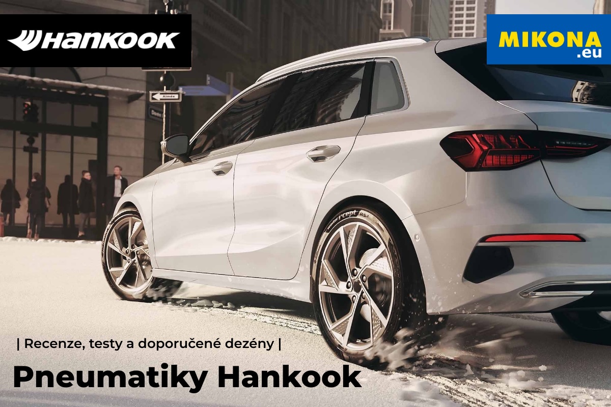 Pneumatiky Hankook Pneumatiky Hankook – bílé SUV jedoucí na zasněžené vozovce ve městě, zimní dezén v detailu, banner Mikona.eu a logo Hankook.