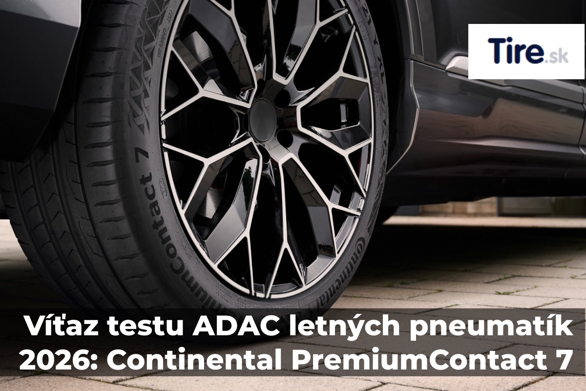 Continental PremiumContact 7 – víťaz testu ADAC letných pneumatík 2026, detail dezénu pneumatiky na disku vozidla.