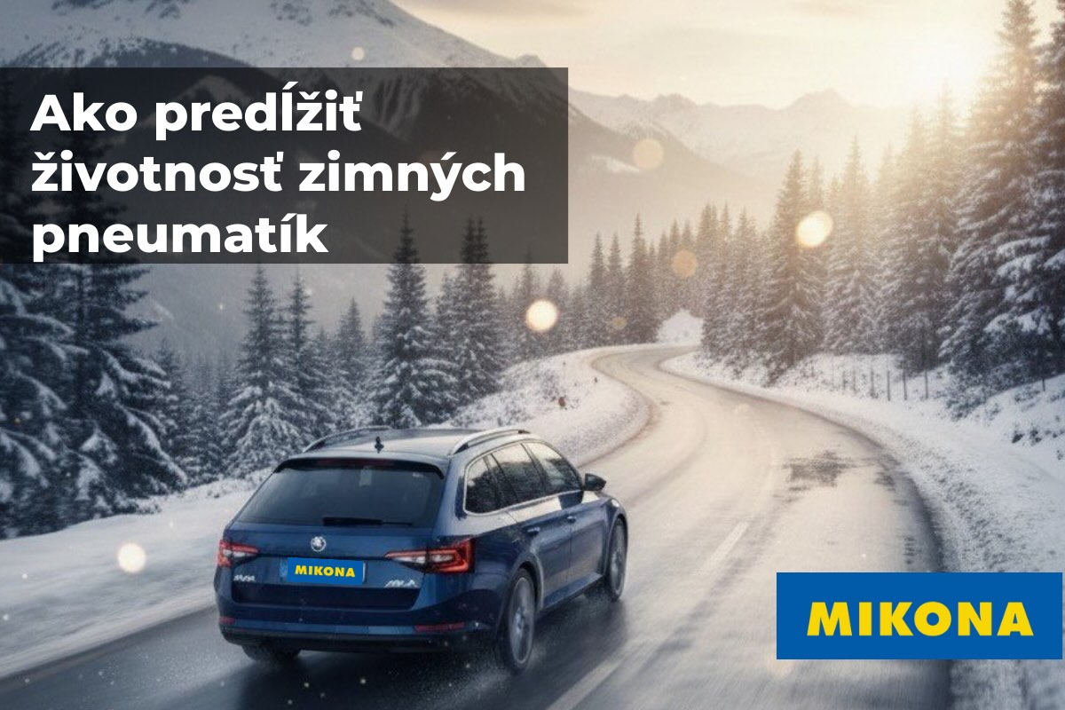 Auto na zimných pneumatikách jazdiace po zasneženej ceste v strednej Európe – bezpečná jazda a správna starostlivosť predlžujú životnosť pneumatík.