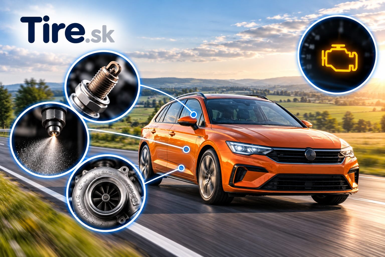 Oranžové osobné auto na ceste v krajine s vyznačenými možnými príčinami trhania pri jazde – zapaľovacia sviečka, vstrekovač paliva, turbodúchadlo a kontrolka motora.