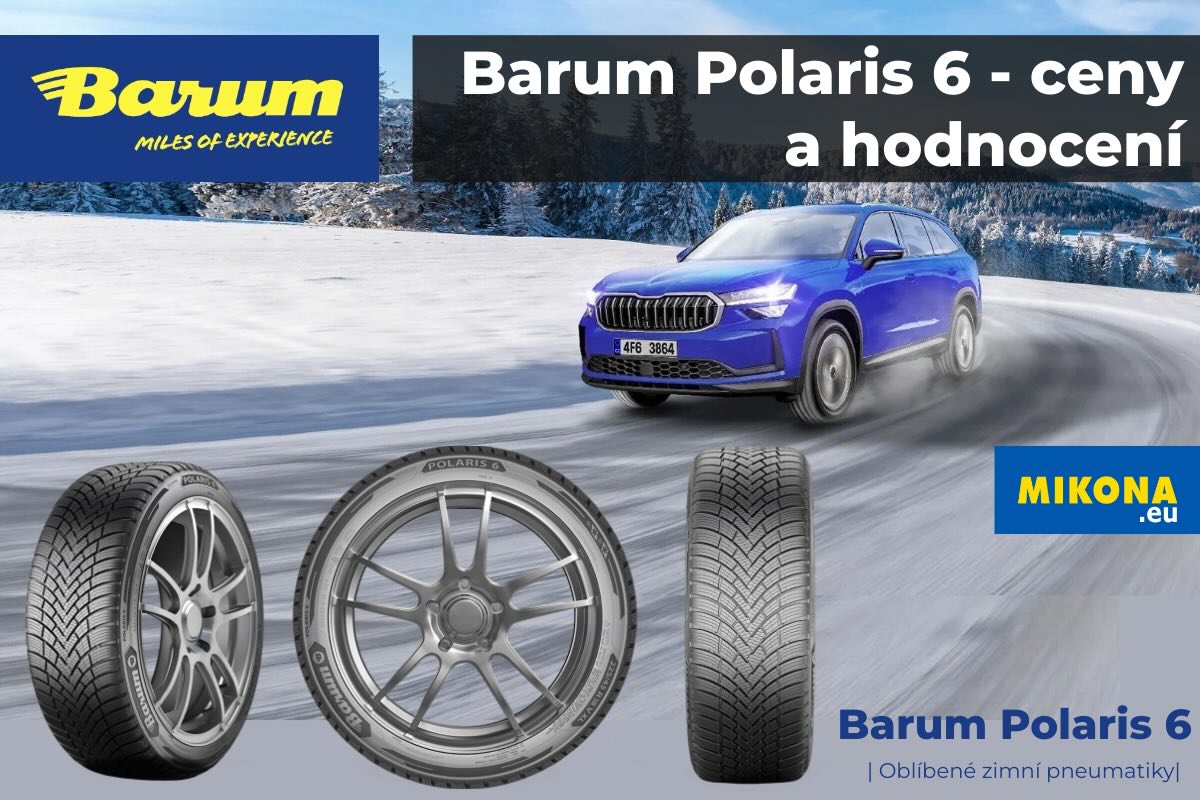 Osobní auto obuté v zimních pneumatikách Barum Polaris 6, doplněné nápisem „ceny a hodnocení“ jako banner k přehledu testů a cen.