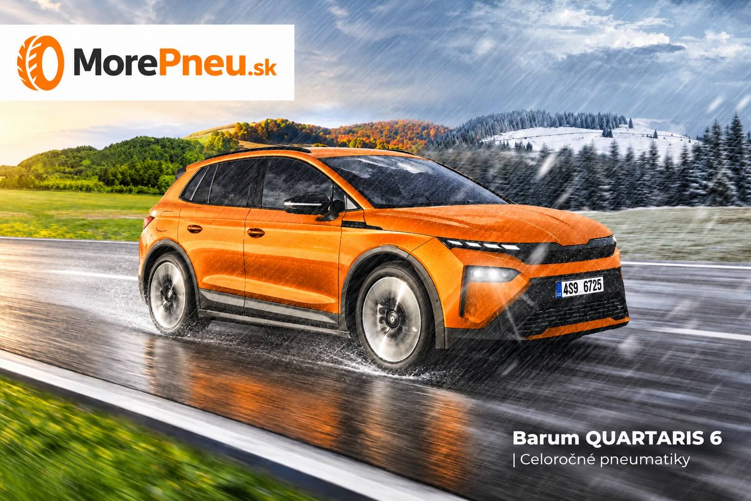 Oranžové SUV na celoročných pneumatikách Barum Quartaris 6 jazdí po mokrej ceste v daždi, v pozadí jesenná a zasnežená krajina, logo MorePneu.sk.