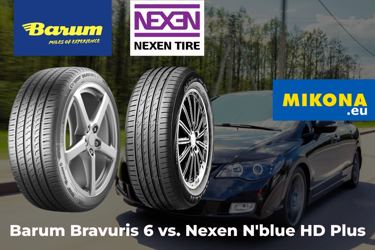 Barum Bravuris 6 vs. Nexen N'blue HD Plus Barum Bravuris 6 vs. Nexen N'blue HD Plus – srovnání letních pneumatik na Mikona.eu s logy značek a autem v pozadí