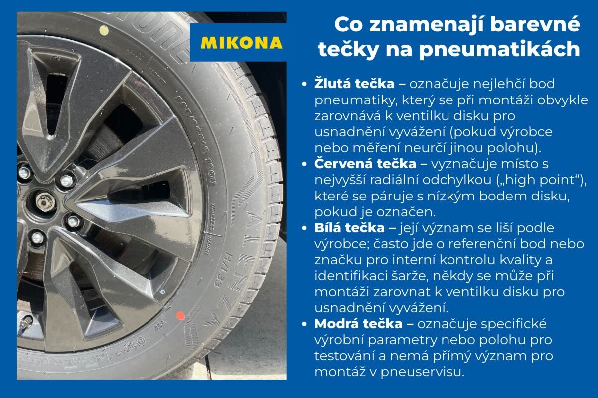 Barevné tečky na pneumatikách – žlutá označuje nejlehčí bod, červená nejvyšší odchylku, bílá a modrá mají pomocné výrobní významy.