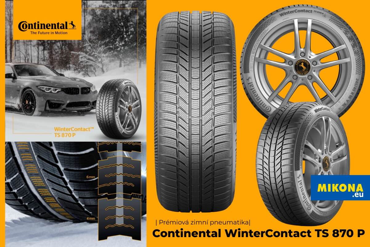 Detail dezénu zimní pneumatiky Continental WinterContact TS 870 P se směrovým vzorkem a hustými 3D lamelami pro maximální záběr, krátké brzdění a bezpečnou jízdu v zimních podmínkách.