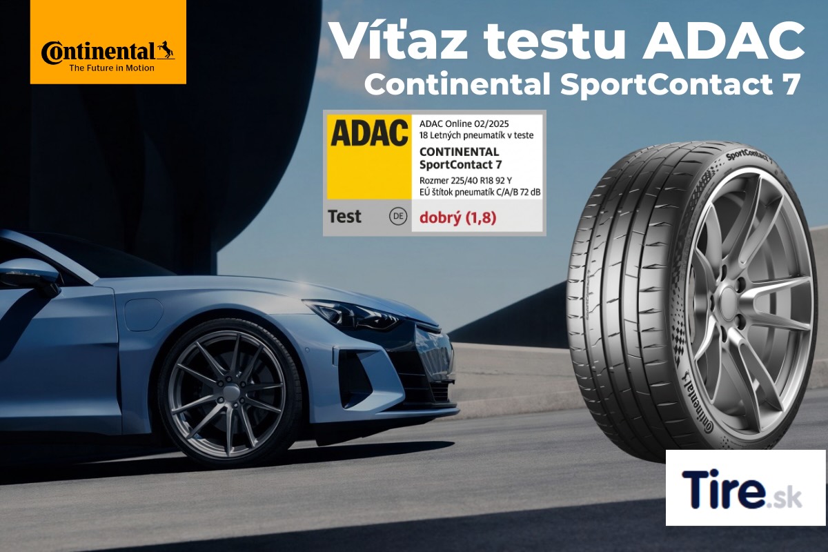 Continental SportContact 7 – víťaz testu ADAC 2025 na vizuáli s športovým autom a pneumatikou