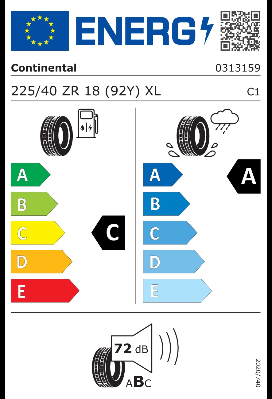 Energetický štítok pneumatiky Continental SportContact 7 v rozmere 225/40 R18 92 Y.