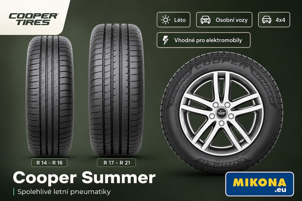Letní pneumatiky Cooper Summer – dezén, detail běhounu a pneumatika na disku