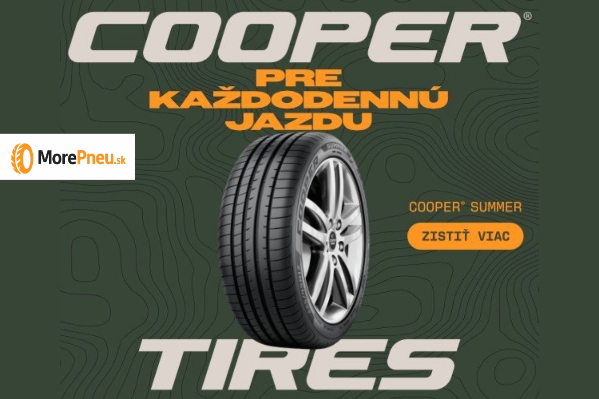 Letná pneumatika Cooper Summer na disku, dezén pre každodenné jazdenie, zelené pozadie s textom Cooper Tires a výzvou Zistiť viac