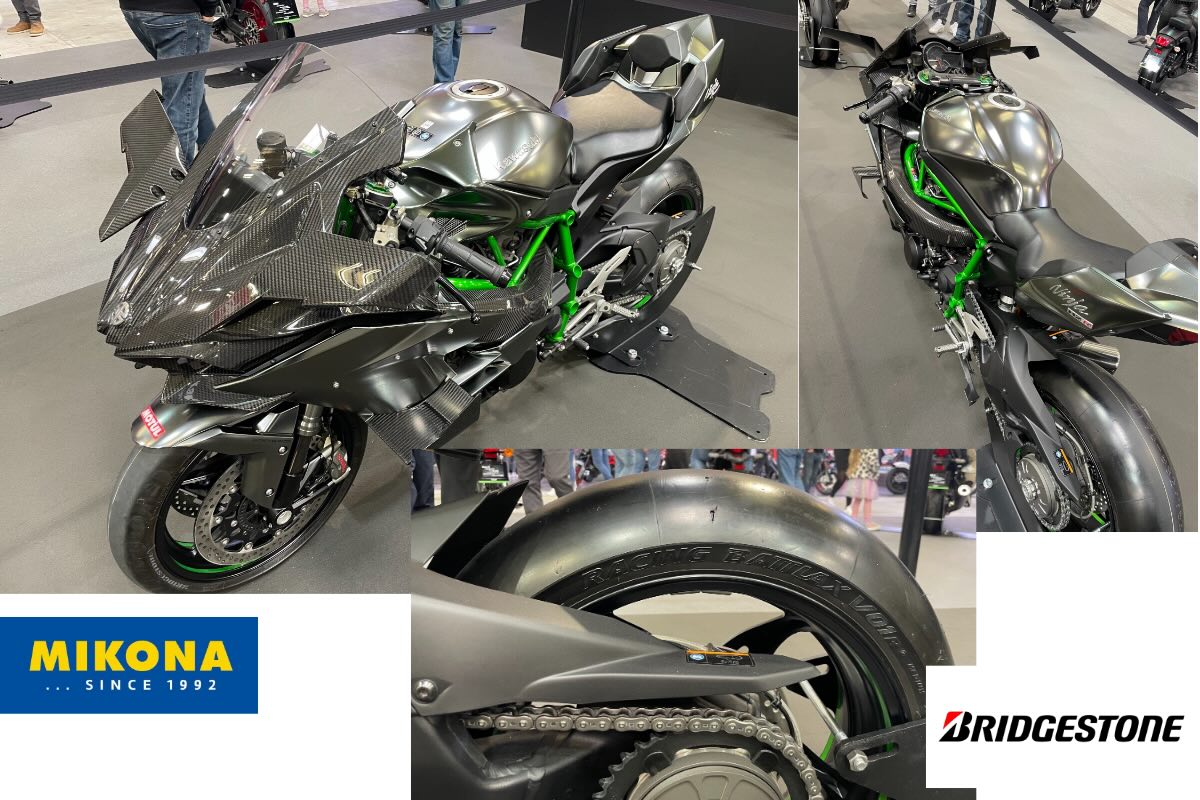 Pretekárska slick pneumatika Bridgestone Racing Battlax V02 na motocykli Kawasaki Ninja H2R.
