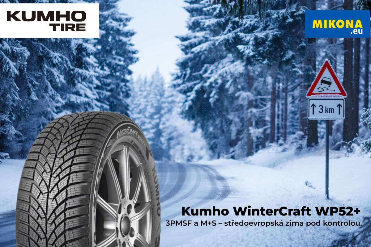 Zimní pneumatika Kumho WinterCraft WP52+ na zasněžené silnici symbolizující bezpečnou jízdu v evropské zimě.