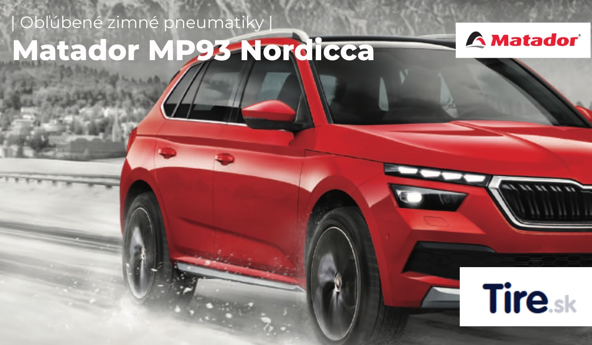 Zimná pneumatika Matador MP93 Nordicca na zasneženej ceste so zameraním na bezpečnú jazdu.
