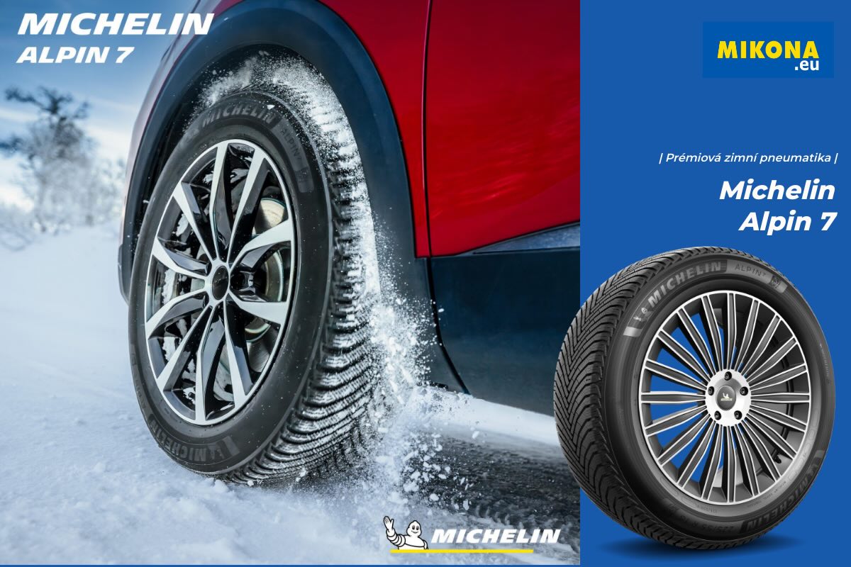 Michelin Alpin 7 nasazená na voze – detail zimního dezénu při jízdě na sněhu.