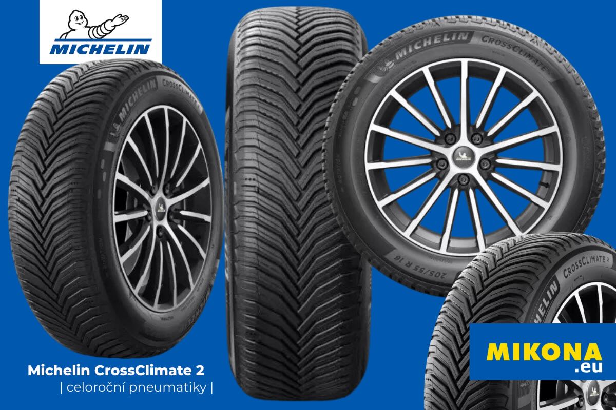 Detail dezénu Michelin CrossClimate 2 s výrazným V-profilem a lamelami pro celoroční přilnavost.