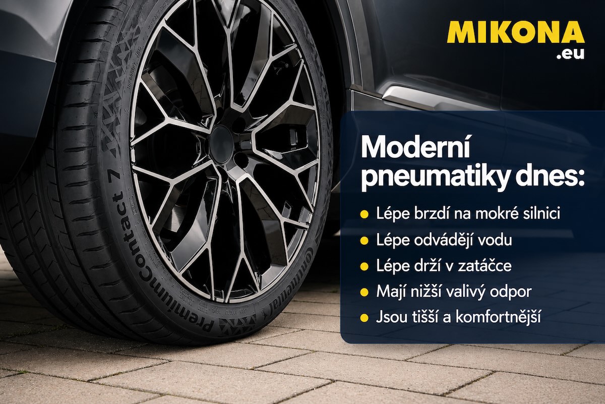 Detail moderní pneumatiky na silnici jako součást bezpečné jízdy