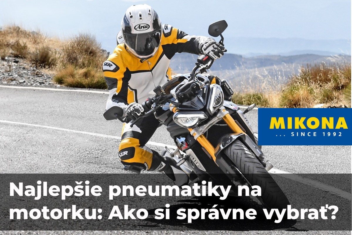 Motorkár v ochrannej výstroji prechádza zákrutou na asfalte na športovo-cestnej motorke, s nadpisom Najlepšie pneumatiky na motorku: Ako si správne vybrať? a logom Mikona