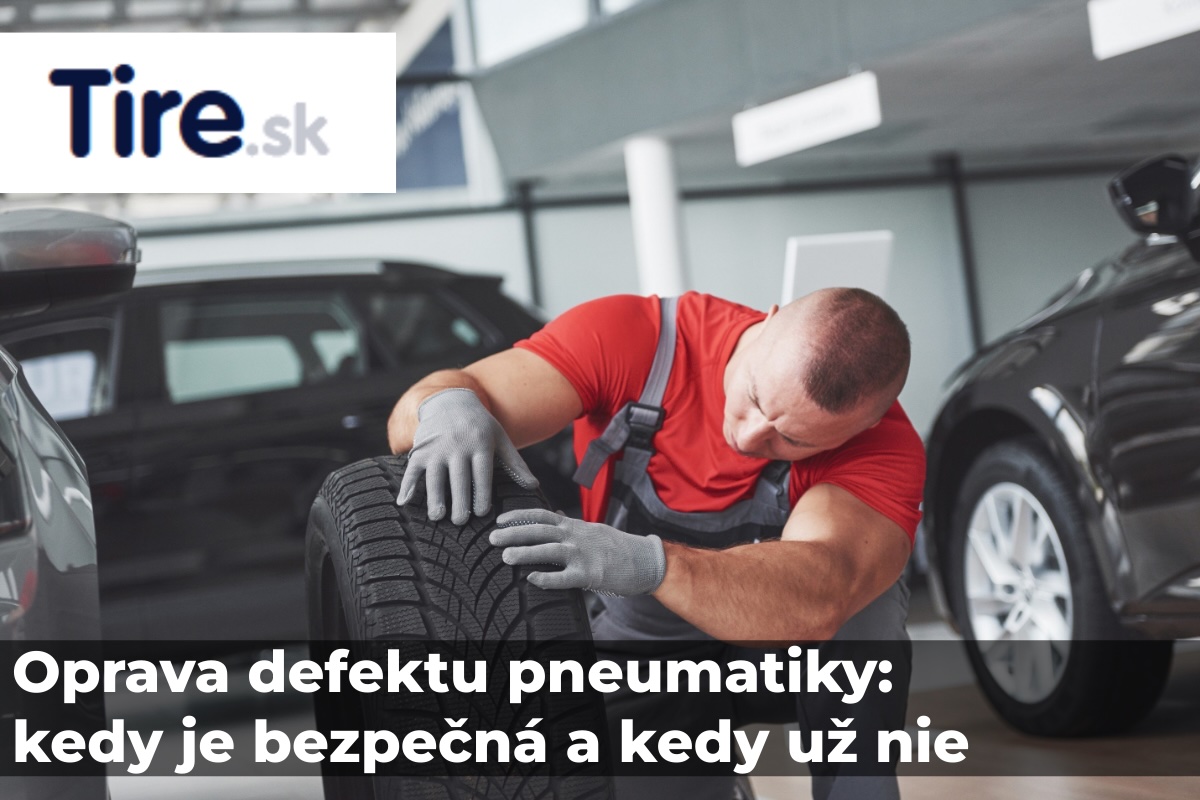 Servisný technik kontroluje defekt pneumatiky v pneuservise – oprava poškodeného behúňa osobnej pneumatiky