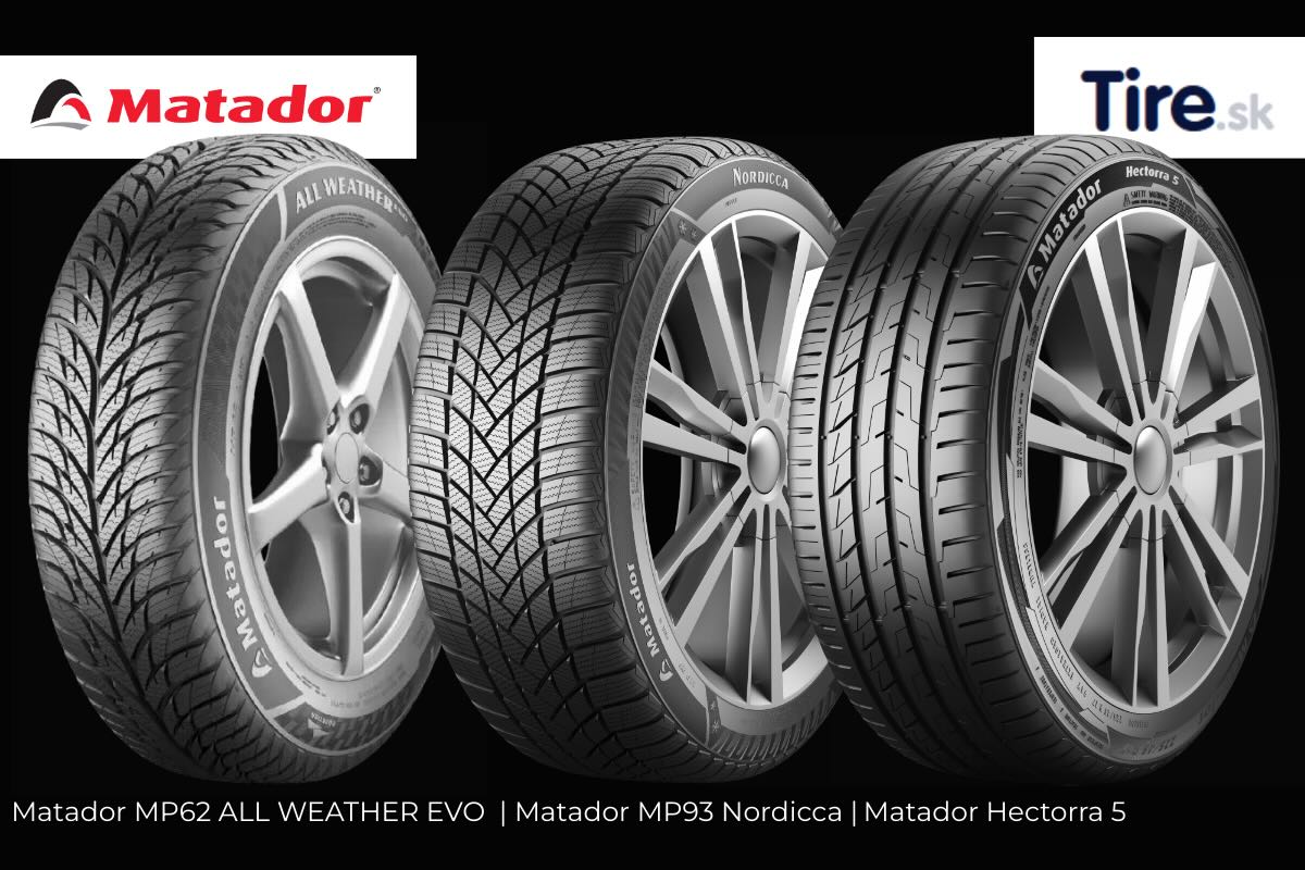 Tri základné sezónne dezény pneumatík Matador pre osobné autá – letná Hectorra 5, zimná MP93 Nordicca a celoročná MP62 All Weather EVO vedľa seba, ukážka rozdielov v dezéne.
