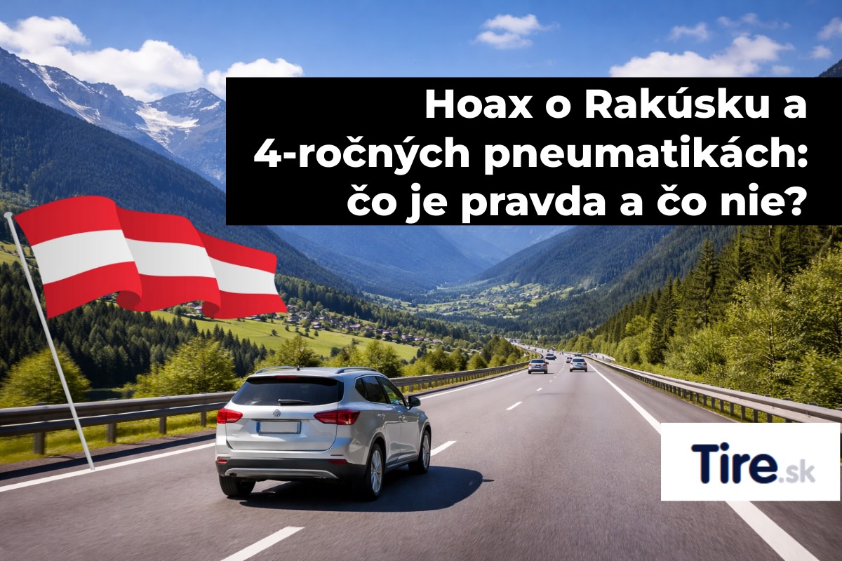 Auto na diaľnici v alpskej krajine s textom o mýte 4-ročných pneumatík v Rakúsku
