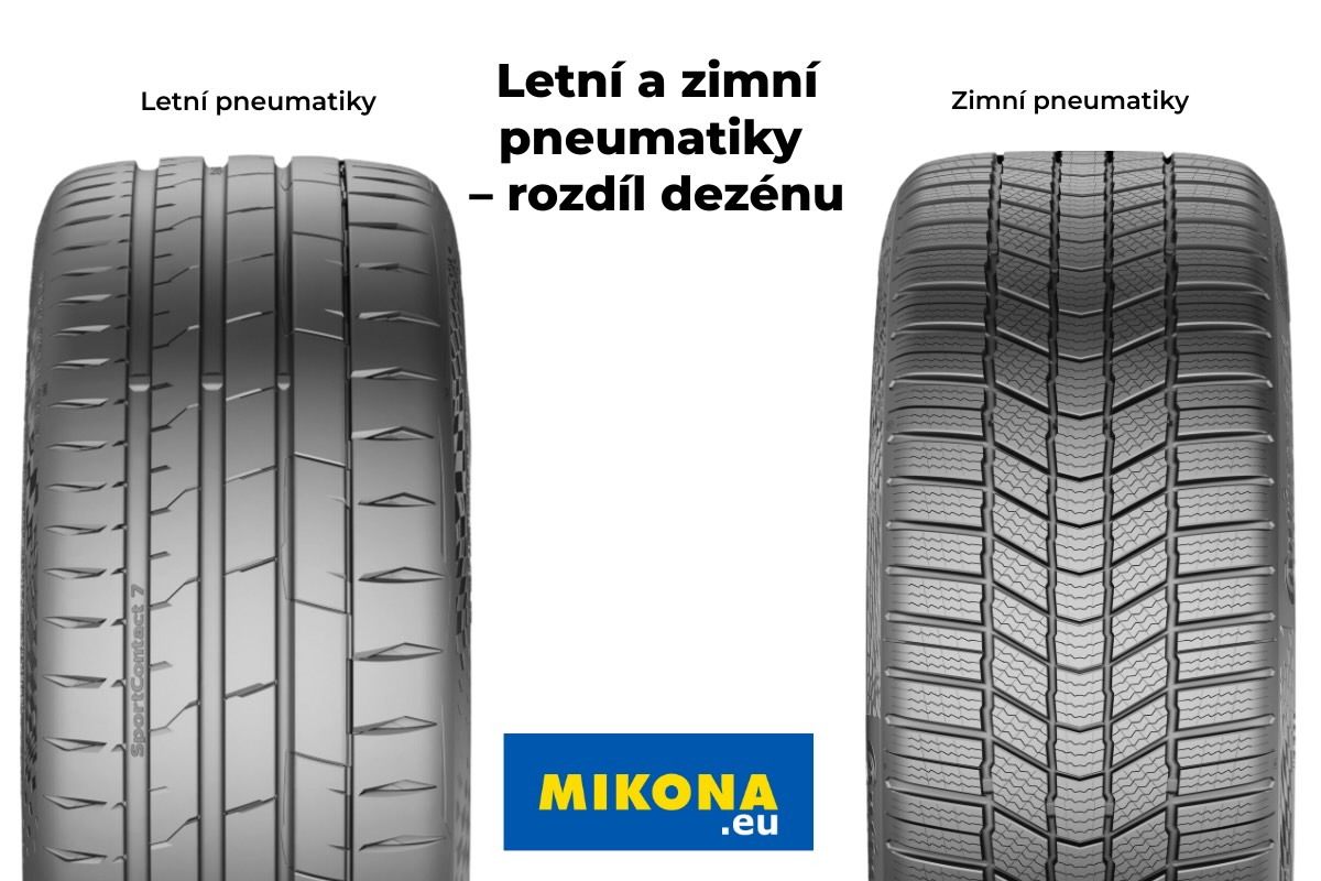 Detailní pohled na dezény letní a zimní pneumatiky. Letní pneu má méně lamel a širší bloky pro lepší přilnavost na suché a mokré vozovce v teplém počasí. Zimní pneumatika má hustější lamelování a hlubší drážky, které zajišťují lepší trakci na sněhu, ledu i při nízkých teplotách.