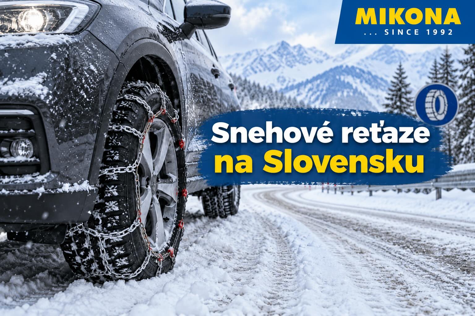 Snehové reťaze nasadené na pneumatike auta na zasneženej horskej ceste