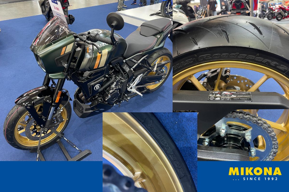 Retro motocykel Suzuki s pneumatikami Dunlop RoadSport 2 na výstave Motocykel Auto Motor Caravan Show 2026.