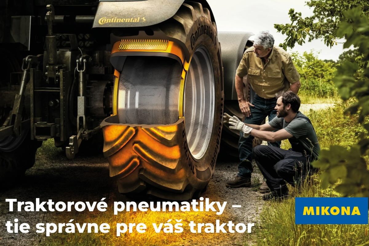 Traktor s detailným záberom na traktorové pneumatiky Continental počas práce na poli, text na obrázku: Traktorové pneumatiky – tie správne pre váš traktor