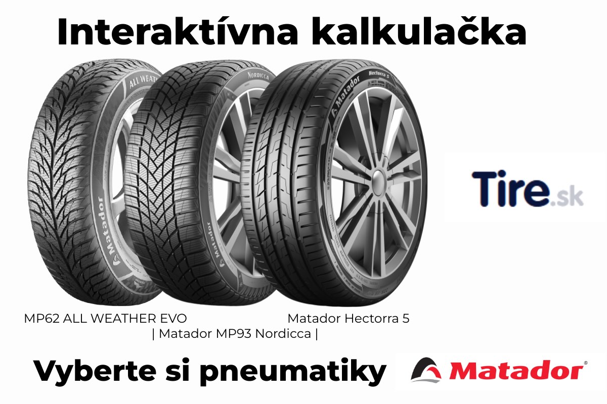 Tri základné dezény pneumatík Matador – letná, zimná a celoročná vedľa seba, ukážka rozdielov v dezéne pre interaktívnu kalkulačku výberu pneumatík.